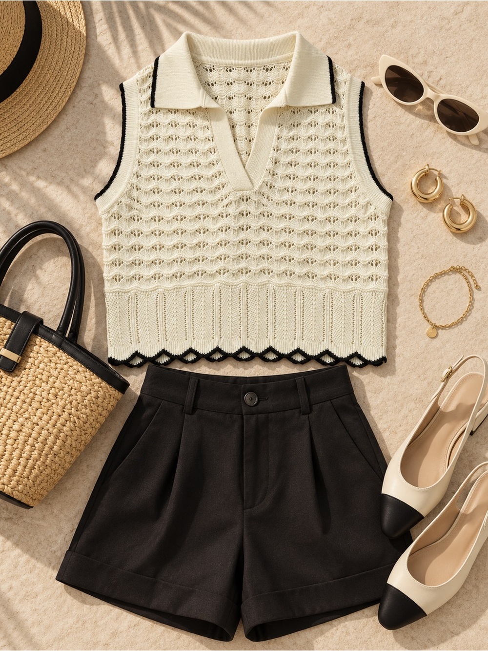 entro Cream V-Neck Sleeveless Eyelet Sweater with Black Trim